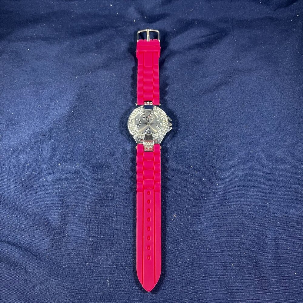 Stylish Womens Pink Silicone Strap Watch With Rhinestone-Embellished Stainless S